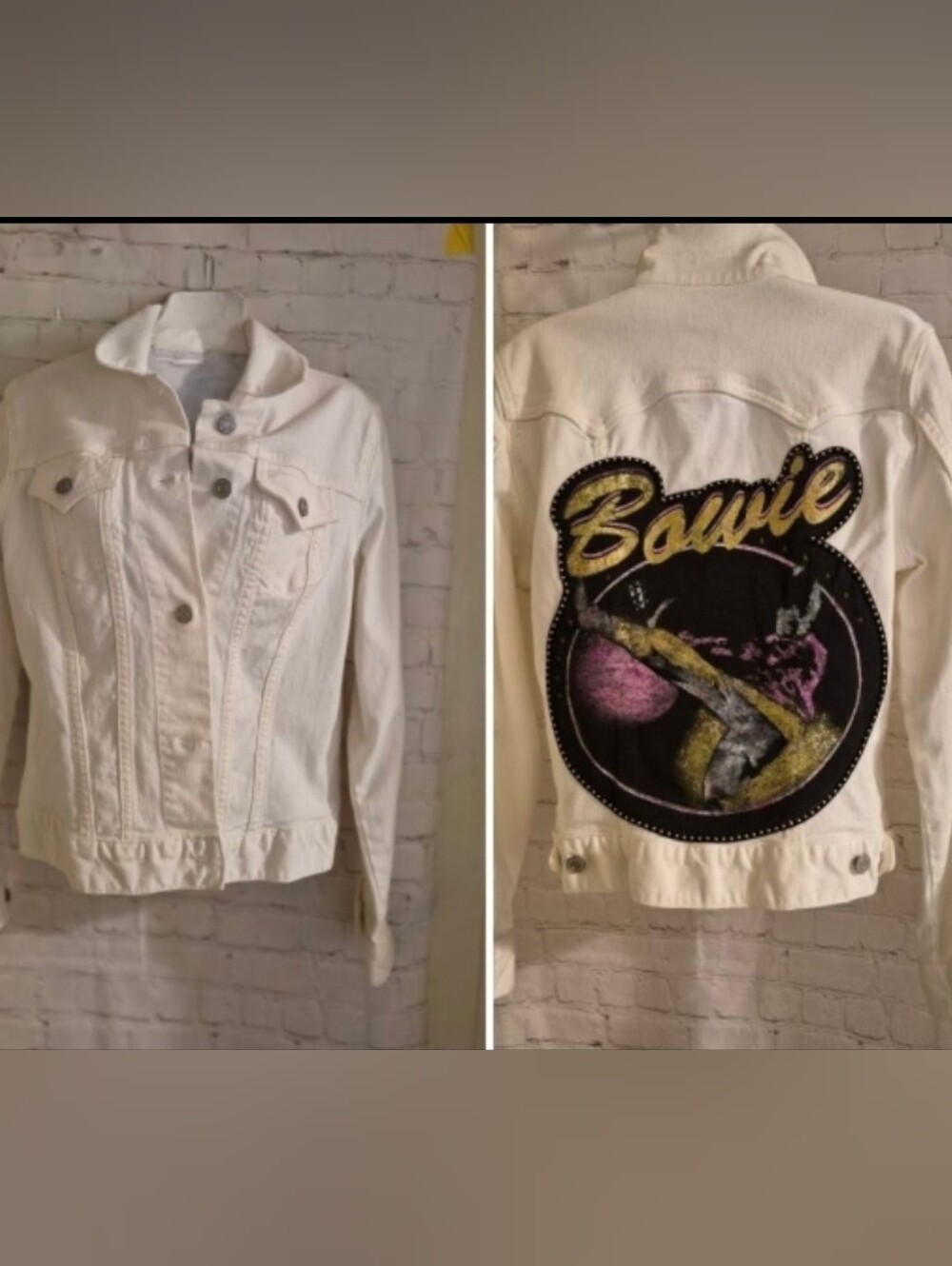 David Bowie Wearable Art White Denim Jacket One-of-a-Kind '70s Glam Era Sz.M